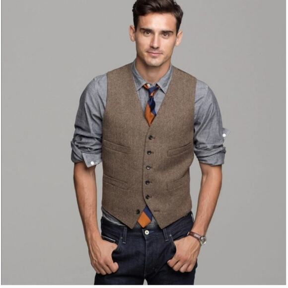 J. Crew Ludlow Vest Waistcoat M Harvest Herringbone English Brown Wool Dapper